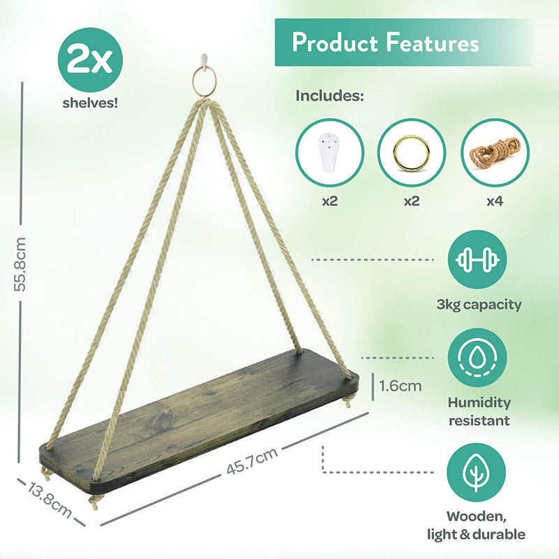 Hanging Wooden Shelves with Rope - Set of 2