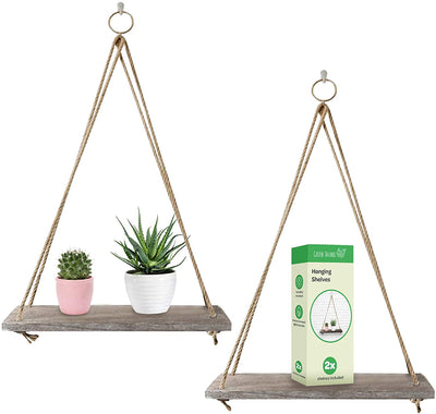 Hanging Wooden Shelves with Rope - Set of 2